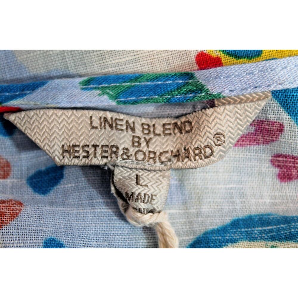 Hester Orchard Linen Blend Top Womens size L Blue Floral Topical Summer Blouse - Picture 6 of 10